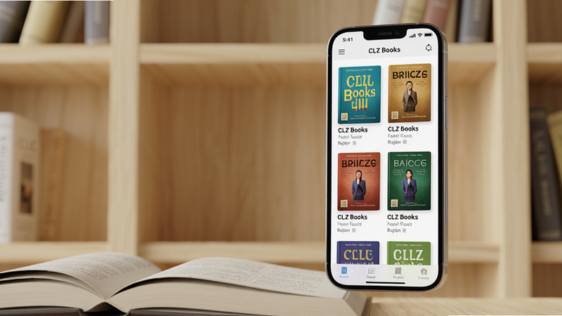 主体:一本打开的实体书上方悬浮着手机界面,手机屏幕显示CLZ Books软件的书架列表,书籍封面清晰可见。布局:手机位于画面中央偏右,书本在左下角作为前景点缀,背景为淡雅的书房木质书架。排版:手机界面放大显示,列表布局整齐,封面缩略图与书名作者信息排列有序。风格:写实3D渲染,柔和自然光,色调温暖,突出书籍质感与科技感的结合。细节:手机界面中书籍封面颜色丰富,书脊文字可辨,书架背景有轻微虚化。画质:高清,干净,无多余元素。