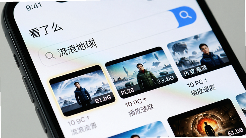 手机屏幕特写,显示“看了么”搜索功能页面,搜索框内输入“流浪地球”,下方横向排列多个视频源卡片,每个卡片标注清晰度和播放速度,布局整齐,风格简洁,细节高光显示推荐源,画质通透,干净,无多余元素。