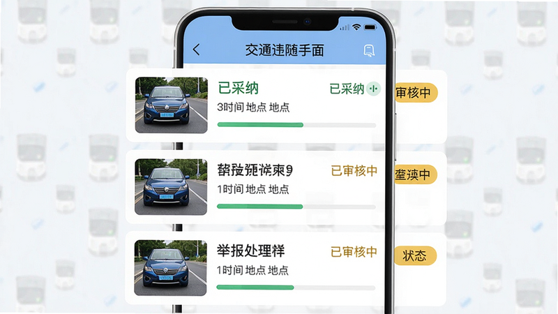 ���壺��ͨΥ��������APP�ľٱ�����ҳ�棬��ʾ�����ٱ���¼��״̬��ǩ�����֣��б���ʽ��ÿ����¼����������Ƭ��ʱ��ص㡢����״̬���Ű棺״̬��ǩ�ò�ͬ��ɫ���֣�����ɫ���Ѳ��ɡ�����ɫ������С�����񣺱�ƽ����ƣ�������ˬ��ϸ�ڣ���������״̬ͼ�������ɼ������ʣ����壬�ɾ����޶���Ԫ�ء�