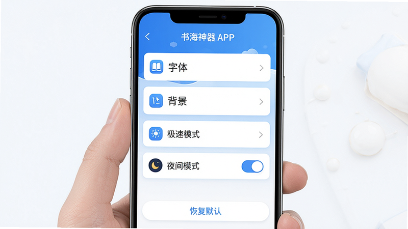 ���壺�麣����APP���Ķ����ý��棬չʾ���塢��������ҳЧ����ѡ����֣��ֻ��������������б��������Ű棺ͼ�������ֽ�ϣ�������ˡ������ˬ��������ɫ��ϸ�ڣ��С�����ģʽ����ҹ��ģʽ�����أ��ײ��С��ָ�Ĭ�ϡ���ť�����ʣ����壬�ɾ����޶���Ԫ�ء�