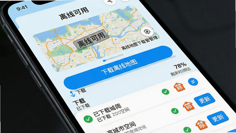 ���壺���ʵ�ͼ���������ߵ�ͼ���ع���ҳ�棬�ֻ���Ļ����ʾһ�����е�ͼ������ͼ���·��С����ء��������͡������ء������б������֣���Ļ�Ϸ�Ϊ��ǰ�������ƺ͵�ͼԤ�����в�Ϊ���������ߵ�ͼ����ť���·��б�չʾ�����س��м���ռ�ÿռ䡣�Ű棺��Ϣ����������ÿ��������Ŀ�Ҳ���ɾ���͸��°�ť�������س�������ɫ�Թ���ʶ�����ʵ��������ɫ����ǳ���Ͱ�ɫΪ������ť��Ŀ��ϸ�ڣ���ͼ����ͼ�ϱ�ע�ˡ����߿��á�ˮӡ����������ʾ��78%����ʣ��ʱ��Ԥ�������ʣ������ɾ����޶���Ԫ�ء�