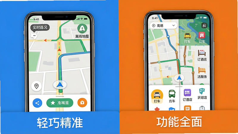 ���壺�ֻ���Ļ���ҷ����Ա�չʾ������Ǹ��ʵ�ͼ�����ļ�ർ�����棬�ұ��Ǹߵµ�ͼ�ķḻ���ܽ��档���֣������ֻ����ŷ��ã���Ļ������ڣ��·��С����ɾ�׼���͡�����ȫ�桱�ĶԱȱ�ǩ���Ű棺���ҶԱ����ԣ�������ֻ�е�ͼ�͵�����ť���Ҳ�����д򳵡�����������������ڡ���񣺱�ƽ�Աȷ��ɫ�������ҳȡ�ϸ�ڣ������ʾ��ʵʱ·�����͡����ߵ�ͼ�����Ҳ���ʾ���򳵡��͡����Ƶꡱͼ�ꡣ���ʣ����壬�ɾ����޶���Ԫ�ء�