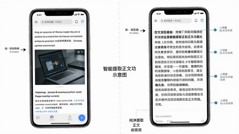 拾文浏览器智能提取正文功能示意图,手机屏幕左侧显示原始网页,右侧显示提取后的纯净阅读模式,背景为白色,界面清晰,有对比效果,风格简洁,画质高清,无多余元素
