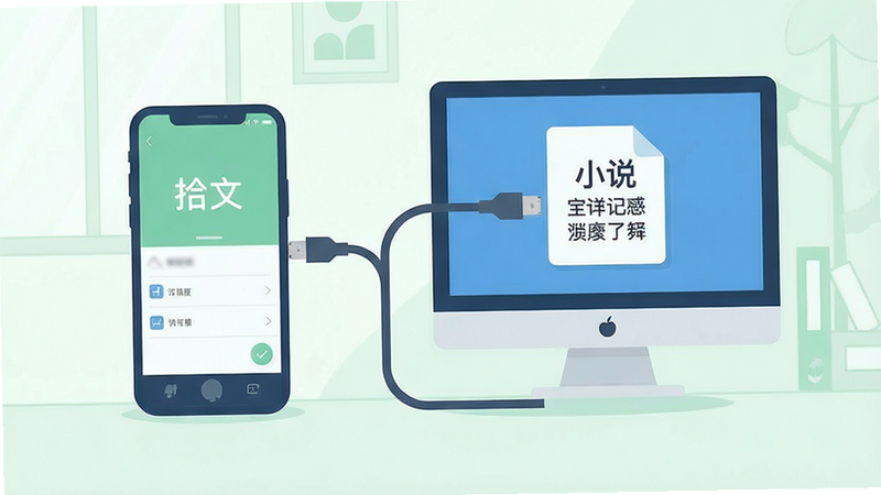 拾文使用指南插图,手机连接电脑的示意图,展示数据线传输小说文件,背景简洁,色调清新,扁平化风格,画质清晰,无多余元素