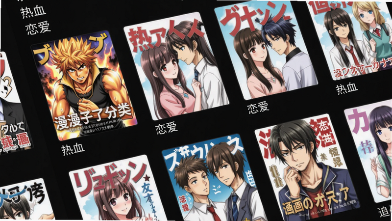 展示b次元追漫盒子漫画分类列表,屏幕上显示多个漫画封面缩略图,分类标签如“热血”、“恋爱”清晰可见,背景为深色,排版错落有致,风格现代,细节丰富,画质高清,干净无多余元素