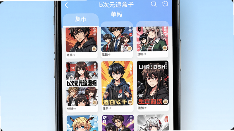 漫画阅读APP主界面展示,手机屏幕内显示b次元追漫盒子的书架页面,封面墙布局整齐,色彩鲜艳,背景为淡蓝色渐变,风格扁平化,细节饱满,画质干净,无多余元素
