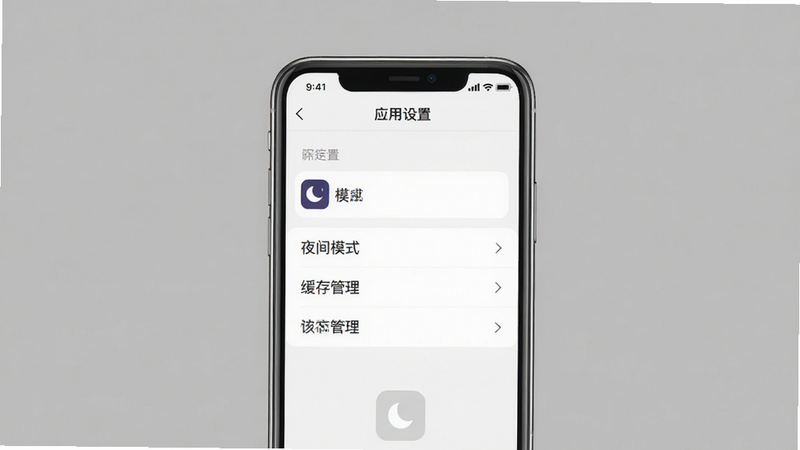 b次元追漫盒子使用教程示意图,手机屏幕显示应用设置界面,有“夜间模式”、“缓存管理”等选项,背景为灰色,风格简洁,排版清晰,细节完整,画质干净,无多余元素