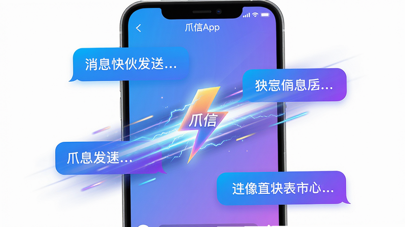 主体:爪信App的聊天界面,显示消息快速发送的动态效果,有光速线条。布局:对话气泡左右分布,中间有闪电图标。排版:动感十足,气泡错落有致。风格:明亮色彩,蓝紫渐变。细节:气泡上文字清晰,闪电图标带有“爪信”二字,画质高清,干净,无多余元素。
