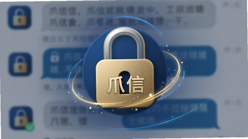 主体:爪信App的加密锁图标与聊天背景结合的创意画面,锁位于中央,背景为模糊的对话框。布局:锁图标居中,背景虚化,突出安全主题。排版:简洁明了,锁周围有光效。风格:科技感,深蓝色与金色搭配。细节:锁体上有“爪信”字样,背景可见对话气泡轮廓,画质高清,干净,无多余元素。