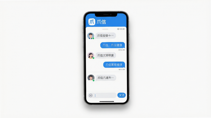主体:爪信App在智能手机上运行的界面全貌,屏幕中显示聊天列表与对话框,气泡风格简洁,顶部有爪信LOGO与“爪信”字样。布局:手机居中,屏幕内容清晰可见,周围留白,下方有柔和阴影。排版:主视觉突出,界面元素排列整齐。风格:现代扁平化,色彩清新明亮,以蓝色和白色为主色调。细节:聊天界面有文字气泡、头像、时间戳,底部有输入框和发送按钮,画质高清,干净,无多余元素。