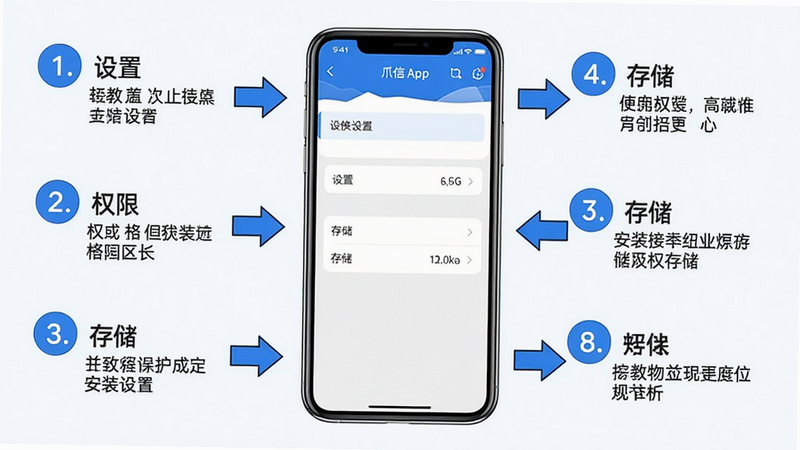 主体:爪信App在手机上的安装界面与使用教程的混合图示,手机屏幕显示设置菜单。布局:手机居中,周围有操作步骤箭头标注。排版:步骤式,数字标注清晰。风格:教学风格,蓝白配色。细节:屏幕上有“设置”、“权限”、“存储”等文字,画质高清,干净,无多余元素。