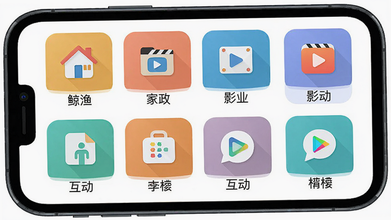 ����Ӧ�õĹ��ܾۺϽ���չʾ������Ϊ�ֻ���Ļ�о���APP�ķ���ۺ�ҳ�棬���ֲ�������״ͼ�����У�����������Ӱҵ��������ģ�飬ÿ��ͼ���·������ı�ǩ��������Ʊ�ƽ����ɫ�����죬ϸ�ڷḻ�������������޶���Ԫ�ء�