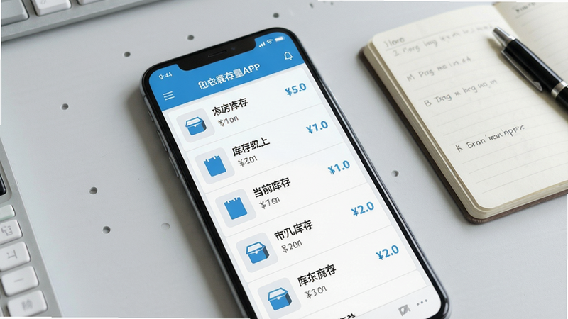 一张智能手机屏幕特写,屏幕正面展示口袋存量APP的主界面,界面风格为简洁的扁平化设计,主色调为清新的蓝白色。画面主体是APP内的库存商品列表,每件商品显示缩略图、名称、当前库存数量和价格。背景为干净的浅灰色工作台,手机旁边放着一本打开的小笔记本和一支笔。整体布局以手机为中心,构图平稳,风格写实,细节清晰,画质干净无多余元素。