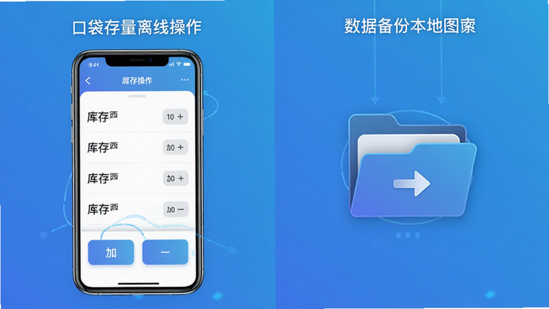 一幅对比图,左侧是手机端口袋存量的离线操作界面,显示库存列表和加减按钮,右侧是数据备份到本地的示意图,用一个文件夹图标表示。背景为简洁的渐变蓝色。整体布局左右对称,风格为科技感插画风,细节清晰,画质干净无多余元素。