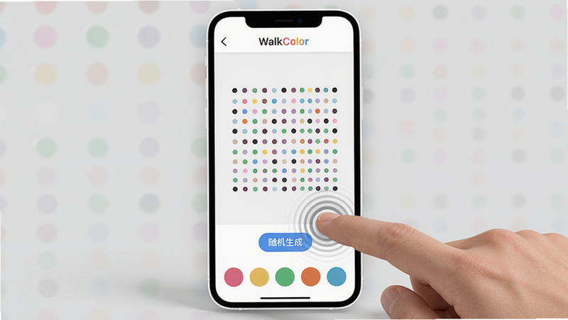 主体:一部手机显示WalkColor应用的操作界面,手指正在点击“随机生成”按钮;布局:手机居中,屏幕内容清晰,周围有轻微的环境光;排版:界面下方有多个彩色圆形按钮,屏幕中央显示生成的波点图案;风格:简洁的教程风格,强调操作指示;细节:手指位置有微弱的点击涟漪效果,屏幕边缘有细小的白色边框,背景为浅灰色;画质:高清渲染,干净整洁,无多余元素,无文字。