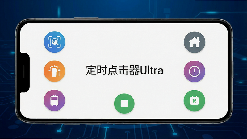 一张高清产品渲染图,主体是运行在安卓手机上的定时点击器Ultra应用界面,手机屏幕正中央显示着简洁的“定时点击器Ultra”字样,周围环绕着设置点击位置、设置间隔时间和启动停止按钮的彩色功能图标,布局清晰,背景采用深蓝色科技感渐变,画质细腻干净,突出软件的专业与便捷,无多余元素。