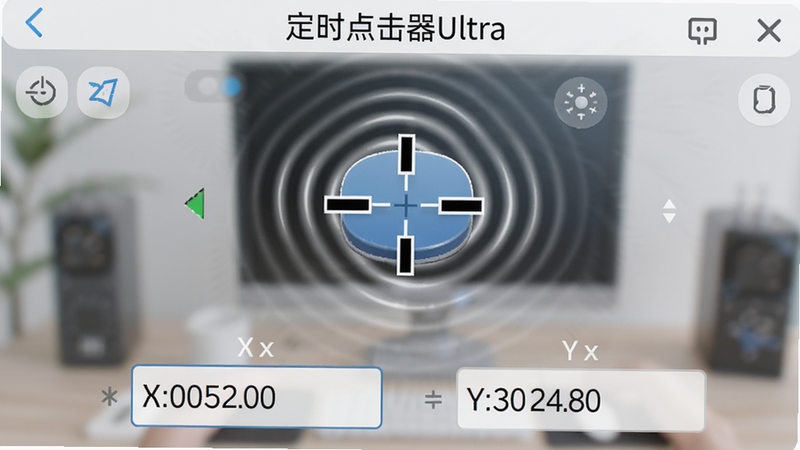 清晰的特写镜头,画面主体是定时点击器Ultra的坐标设置界面,一个醒目的十字准星标记在屏幕中央的按钮上,周围有微动的涟漪效果,界面下方是精准的X轴和Y轴数字输入框,背景虚化处理,整体风格干净明亮,突出“定时点击器Ultra”的定位精准特性,画质高清,无杂乱元素。