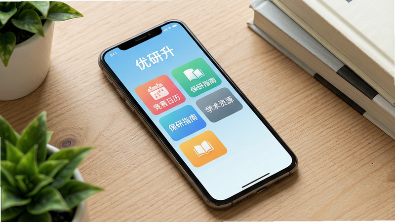 一张智能手机屏幕展示优研升app主界面,界面顶部显示“优研升”字样,下方排列着“竞赛日历”、“保研指南”、“学术资源”等彩色功能卡片,背景为浅蓝色渐变,整体风格清新简约,手机斜放在木质桌面上,周围点缀绿植和书本,画面明亮干净,高清画质,无多余元素