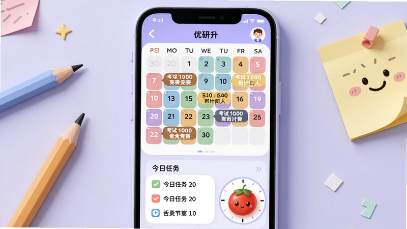 优研升app的学习计划界面,展示一个彩色日历,上面标注了考试和竞赛的倒计时标签,下方是今日任务列表和番茄钟计时器,背景为淡紫色,界面圆润可爱,手机竖屏显示,周边有铅笔和便签纸道具,画质干净明亮,无多余元素