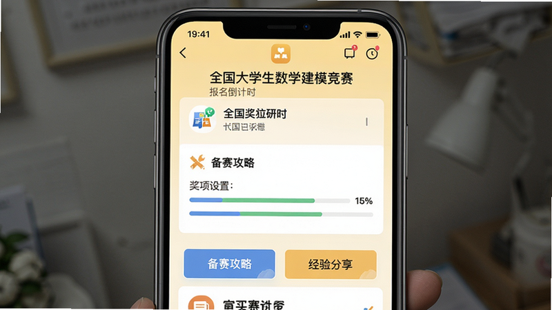 优研升app的赛事详情页面截图,页面显示“全国大学生数学建模竞赛”的报名倒计时和奖项设置,下方有“备赛攻略”和“经验分享”按钮,背景为淡黄色,界面布局整齐,配有小图标和进度条,手机屏幕居中展示,画质清晰,无多余元素
