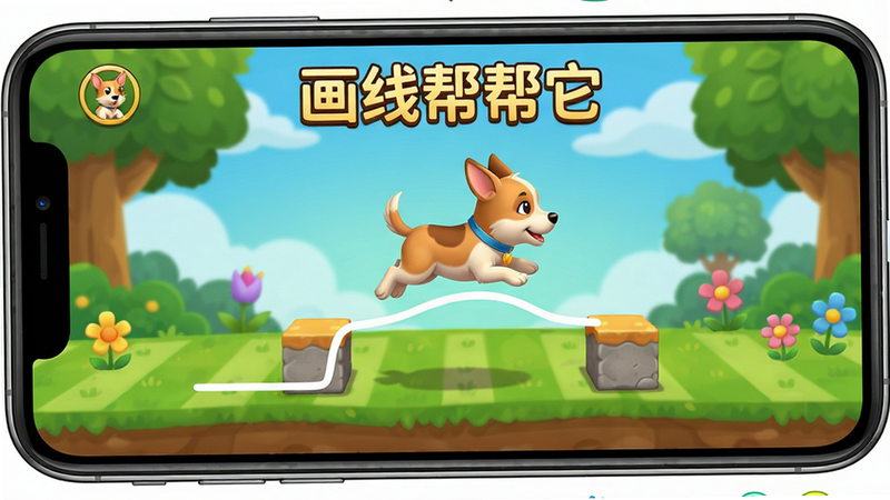 主体为手机横屏游戏画面,显示画线帮助小狗越过障碍物的过程,屏幕上有“画线帮帮它”文字;布局为游戏实机截图,细节丰富,色彩鲜艳;风格为高清截图风格,无多余UI元素;画质清晰,干净,突出游戏操作。