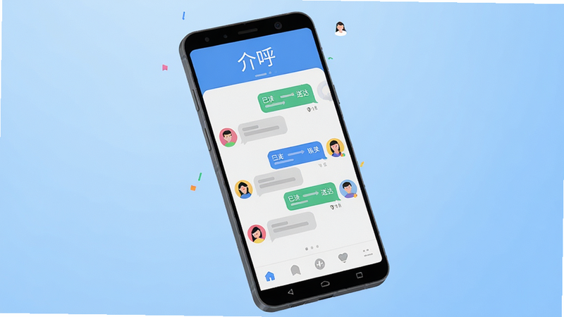 主体:一部亮屏的安卓智能手机,屏幕中央显示“介呼”应用的主界面,界面顶部有“介呼”字样,下方是几个对话气泡和联系人头像。布局:手机位于画面中心,略微倾斜,背景为柔和的渐变蓝色,营造出科技与沟通的氛围。排版:画面干净,手机屏幕内容清晰可辨,四周留白适当。风格:现代扁平化插画风格,色彩明快,细节丰富。细节:手机屏幕上的对话气泡带有“已读”和“送达”小图标,联系人头像为彩色圆形,界面底部有导航栏图标。画质:高清,干净,无多余元素。