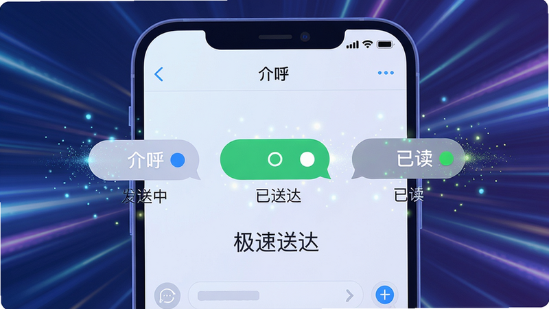 主体:一个放大的智能手机屏幕特写,屏幕上显示“介呼”聊天界面中一条消息从“发送中”变为“已送达”再到“已读”的三个状态图标,背景有高速运动的光线效果。布局:手机屏幕居中,三个状态图标横向排列,周围有细微的粒子光点。排版:简洁直观,状态图标下方有“极速送达”的说明文字。风格:科技感插画,蓝紫色调。细节:消息气泡为圆角矩形,状态图标清晰,光线效果动感。画质:高清,干净,无多余元素。