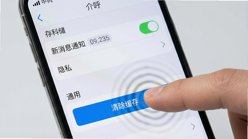 主体:一部手机屏幕显示“介呼”的设置页面,页面中有“新消息通知”、“隐私”、“通用”等选项,旁边有一个手指正在点击“清除缓存”按钮。布局:手机屏幕居中,背景为简洁的浅灰色,手指动作清晰。排版:设置列表清晰,按钮高亮显示。风格:写实风格,色彩自然。细节:屏幕上有“存储空间”和“清除缓存”字样,手指点击处有波纹效果。画质:高清,干净,无多余元素。