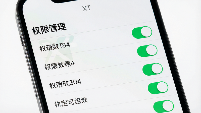 主体:XT应用设置界面,显示权限管理列表。布局:屏幕上方有“权限管理”标题,下方为列表项,每个项目有开关。排版:列表项清晰,开关按钮明显。风格:简洁、专业、浅色调。细节:开关按钮为绿色,背景为白色。画质:高清,干净,无多余元素。文字:“XT” 小字,位于屏幕顶部。