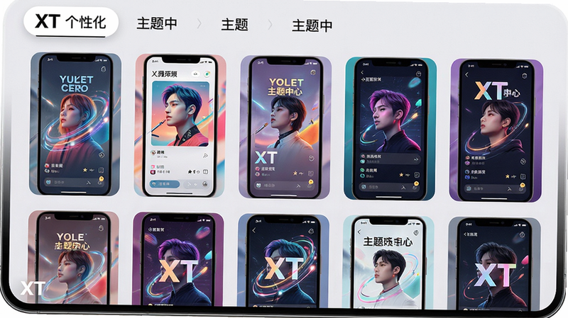 主体:XT个性化主题中心界面,手机屏幕显示多种主题预览。布局:屏幕上方有主题分类标签,下方为缩略图网格。排版:主题缩略图大小一致,排列整齐。风格:多彩、时尚、动态效果。细节:每个缩略图显示不同风格的界面,背景为浅灰色。画质:高清,干净,无多余元素。文字:“XT” 小字,位于屏幕左下角。