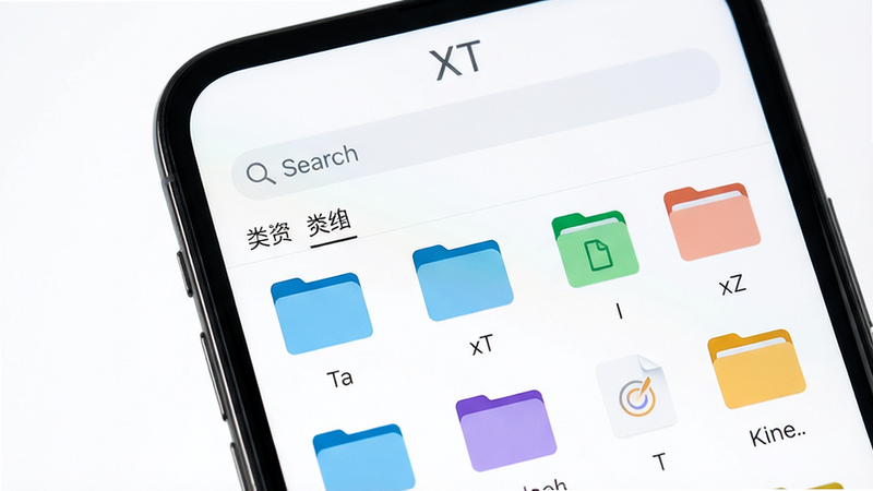 主体:XT文件管理界面,手机屏幕显示文件夹列表。布局:屏幕上方有搜索栏,下方为文件列表,分类标签。排版:文件夹图标与文件名整齐排列。风格:简洁、实用、浅色调。细节:文件图标有不同颜色区分类型,背景为白色。画质:高清,干净,无多余元素。文字:“XT” 小字,位于屏幕顶部。