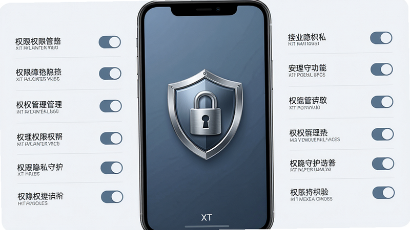 主体:XT安全隐私守护功能界面,显示锁形图标。布局:手机屏幕中央有盾牌锁图标,四周有权限管理列表。排版:盾牌锁图标居中,列表项整齐排列。风格:安全、专业、蓝灰色调。细节:图标有金属质感,列表项有开关按钮,背景为浅色。画质:高清,干净,无多余元素。文字:“XT” 小字,位于屏幕底部。