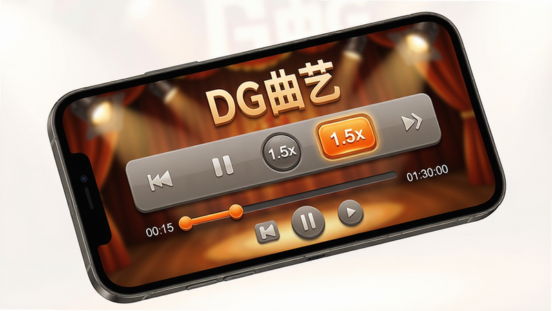 ���壺DG����Ӧ�ò��Ž��棬��Ļ������ʾ���ſ��������С�1.5x�����ٰ�ť�����֣��ֻ���б���ã�����Ϊůɫ��̨�ƹ⣬�Ϸ��С�DG���ա��������Ű棺���Ž���ײ��н������Ͳ���/��ͣ��ť�����ٰ�ť������������ﻯ��ƣ���ť������У�����ģ����ϸ�ڣ������������ʾ��00:15�����Ҳ���ʾ��01:30:00�������ٰ�ťΪ��ɫ�����ʣ�8K���壬�ɾ����޶���Ԫ�ء�