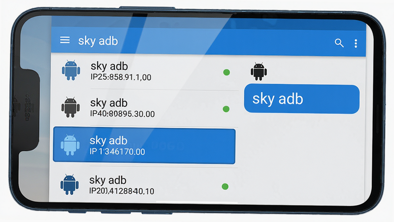 主体:一部智能手机显示“sky adb”应用界面,界面中有一个设备列表,列出多台设备名称和IP地址,当前连接设备高亮显示。布局:手机屏幕占据画面中央,左侧有设备列表,右侧为设备详情面板。排版:顶部标题栏显示“sky adb”,下方列表项包含设备图标和文字,当前设备用蓝色边框突出。风格:简洁的Material Design风格,浅色背景,蓝色主题色。细节:设备图标为安卓机器人造型,连接状态用绿色圆点表示,屏幕反射柔和光线。画质:高分辨率,干净,无多余元素。