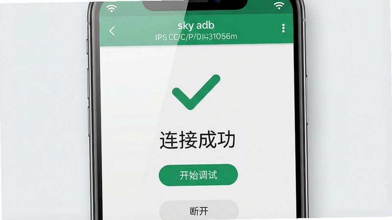 主体:一部手机展示“sky adb”应用的连接成功界面,屏幕上有绿色对勾和“已连接”字样,背景为浅灰色,界面简洁。布局:手机居中,屏幕上方有设备名称和IP地址,中间为一个大大的对勾图标。排版:对勾图标下方有“连接成功”四个大字,再下方有“开始调试”按钮,文字清晰。风格:清爽的商务风格,绿色和蓝色为主色调。细节:屏幕反射出柔和的光泽,顶部状态栏显示Wi-Fi图标,底部有“断开”按钮。画质:高清,干净,无多余元素。