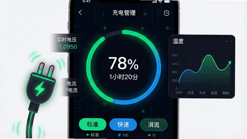 ���壺�ֻ�APP����չʾ����������ҳ�棬��ʾ��ǰ�����ȡ�78%����Ԥ�Ƴ���ʱ�䡰1Сʱ20�֡������֣���������Ϊһ����Բ������ָʾ����Բ������ʾ�����ٷֱȣ��·�Ϊ���ģʽѡ��ť����׼�����١���������Ű棺Բ�������ʵʱ��ѹ���������ݣ��Ҳ�Ϊ�¶�����ͼ�������ɫ��������ӫ���̺���ɫ�������Ƽ���ǿ��ϸ�ڣ�����ͷͼ��������嶯̬Ч�����¶�����ƽ�������ʣ����壬�ɾ����޶���Ԫ�ء�