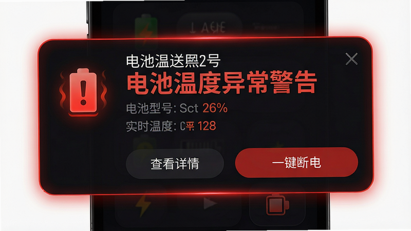 ���壺�ֻ�APP����֪ͨ���棬��ʾ������¶��쳣���桱����ɫ��̾��ͼ�ꡣ���֣�֪ͨ��Ƭλ�ڻ������룬����Ϊ��ɫ����Ƭ����ʾ����ͺź�ʵʱ�¶����ݡ��Ű棺�������ּӴַŴ��·��С��鿴���顱�͡�һ���ϵ硱��ť����񣺾�ʾ��񣬺�ɫ�밵ɫ�Ա�ǿ�ҡ�ϸ�ڣ�֪ͨ��Ƭ��Ե��΢����˸�����ͼ��������Ч�������ʣ����壬�ɾ����޶���Ԫ�ء�