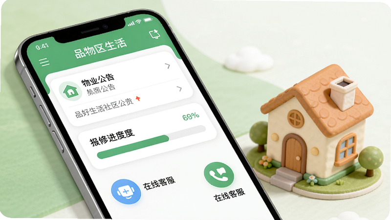 品好生活社区物业功能界面展示图,手机屏幕内显示物业公告列表、报修进度条、在线客服图标,背景为绿色与白色搭配,手机旁有卡通房屋模型,画质清晰,色彩柔和