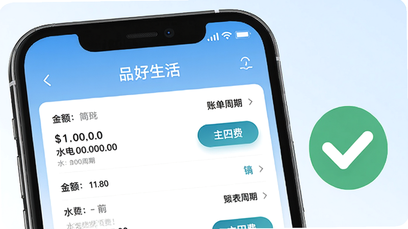 品好生活APP缴费页面预览图,手机屏幕内显示水电燃气缴费列表,包含金额、账单周期、缴费按钮,背景为浅蓝色渐变,手机右侧有绿色对勾图标,高清渲染,干净整洁