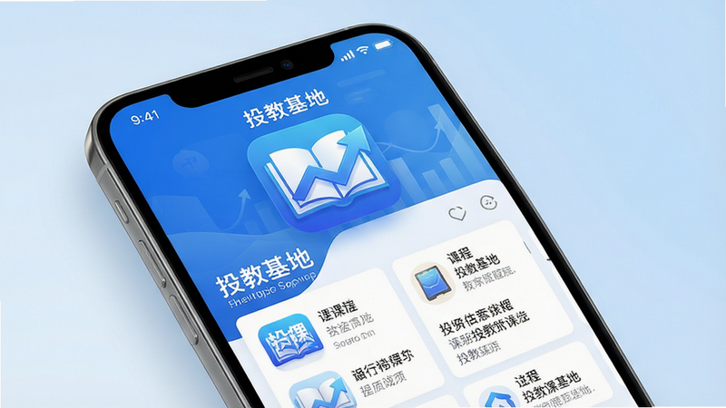 一张展示投教基地app在主屏幕上的高清预览图,界面设计简洁现代,以蓝色和白色为主色调,图标为一个带有书本和上升箭头的图形,屏幕中显示着“投教基地”字样和各类课程列表,背景为淡雅的渐变蓝色,整体风格商务专业,画面干净明亮,细节丰富,画质高清4K,无多余元素