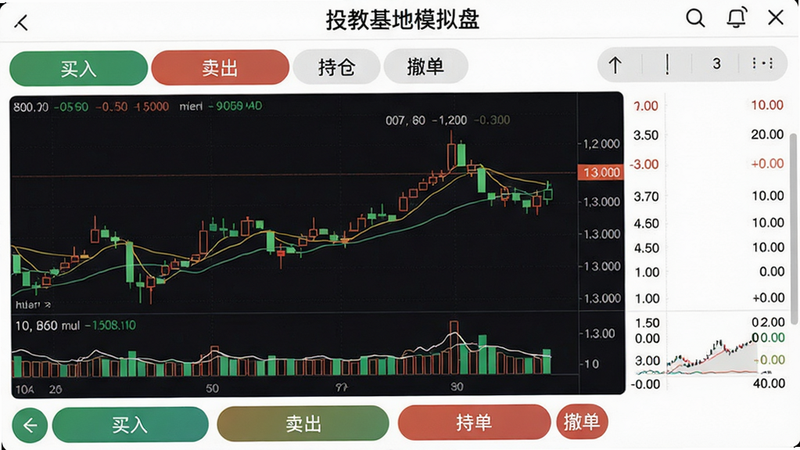 投教基地app模拟交易界面,显示一个虚拟的股票交易页面,包含K线图、买卖五档、成交量等元素,页面顶部有“投教基地模拟盘”字样,下方有买入、卖出、持仓、撤单等按钮,整体界面类似专业交易软件,但风格更为简洁友好,背景为白色,内容展示清晰,画质高清,细节丰富,无多余元素