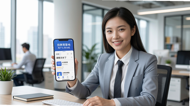 投教基地app的用户使用场景图,一位年轻职场人士坐在办公桌前,手持智能手机,屏幕上显示投教基地的课程列表页面,人物面带微笑,背景是现代化的办公室环境,画面明亮,构图自然,画质高清,细节丰富,无多余元素