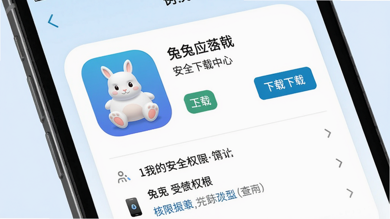 兔兔应用安全下载中心页面,手机屏幕展示一个应用详情页,包含应用图标、名称、下载按钮和权限列表,背景为淡蓝色,界面干净,采用现代简约风格,细节丰富,画质高清,无多余元素