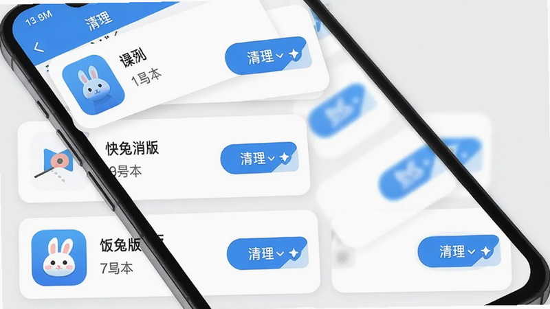 兔兔应用的智能应用管理功能界面,手机屏幕显示应用列表,每个应用卡片带有图标、版本号和清理按钮,背景是浅灰色,界面简洁,采用扁平化设计风格,色彩以蓝色和白色为主,画质清晰,干净,无多余元素
