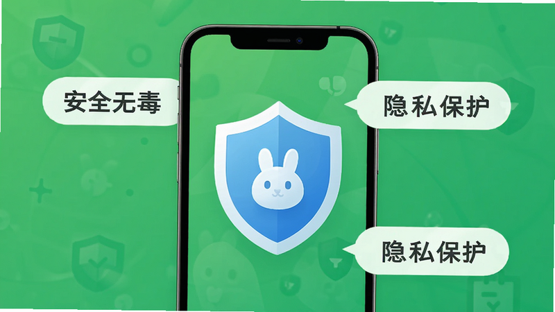 兔兔应用安全认证示意图,手机屏幕显示一个盾牌图标,周围有“安全无毒”“隐私保护”等字样,背景为绿色,风格简洁,画质高清,干净,无多余元素