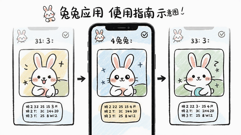 兔兔应用使用指南示意图,手机屏幕显示兔兔应用的操作步骤,以手绘风格漫画形式展示,背景为白色,步骤清晰,画质干净,无多余元素