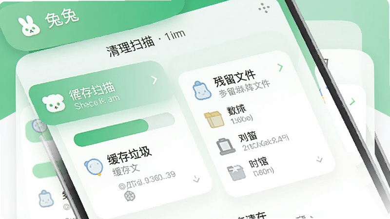 兔兔应用的系统优化清理界面,手机屏幕显示清理扫描结果,包含缓存垃圾、残留文件等分类,背景为绿色和白色,界面简洁,采用卡片式设计,细节突出,画质清晰,无多余元素