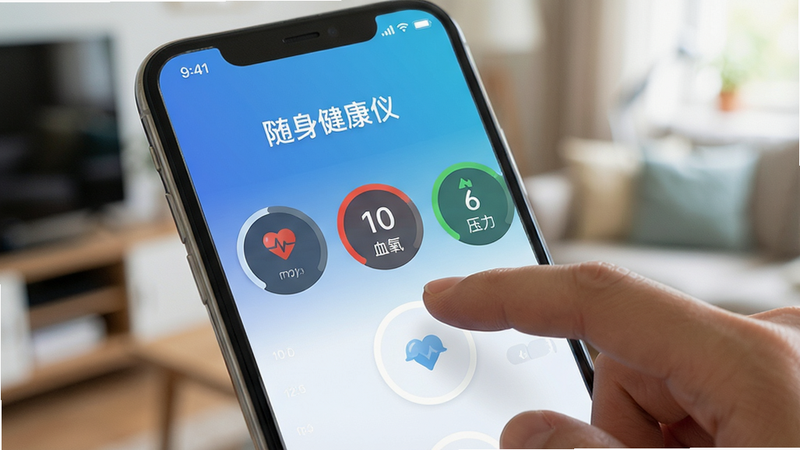 һ�������ֻ���Ļ��д����Ļ����ʾ�����������ǡ�APP�����棬���������׽���Ϊ��ɫ����������ʾ���ʡ�Ѫ����ѹ����Բ�������Ǳ��̣�����Ϊģ�������ڻ�����һλ�����˵���ָ���ᴥ��Ļ���м�⣬���������������ɾ����࣬�޶���Ԫ�أ�����רҵ��Ʒ��Ӱ��񣬻���ϸ�壬ͻ��APP�������������