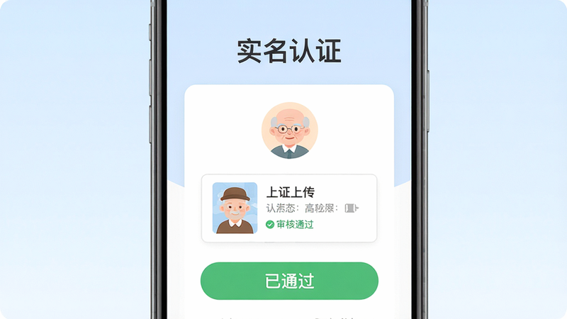 ���壺�ֻ���ĻչʾϦ����APP��ʵ����֤���棬�Ϸ��С�ʵ����֤���������·�������֤�ϴ���͡���ͨ������ɫ��ʶ�����֣��ֻ����У�����Ϊ����ɫ���䡣�Ű棺��������������ť��Ŀ����񣺱�ƽ��UI��ƣ�ɫ����͡�ϸ�ڣ���֤״̬��ʾ�����ͨ������ͷ��Ϊ��ͨ�������󡣻��ʣ����壬�ɾ����޶���Ԫ�ء�
