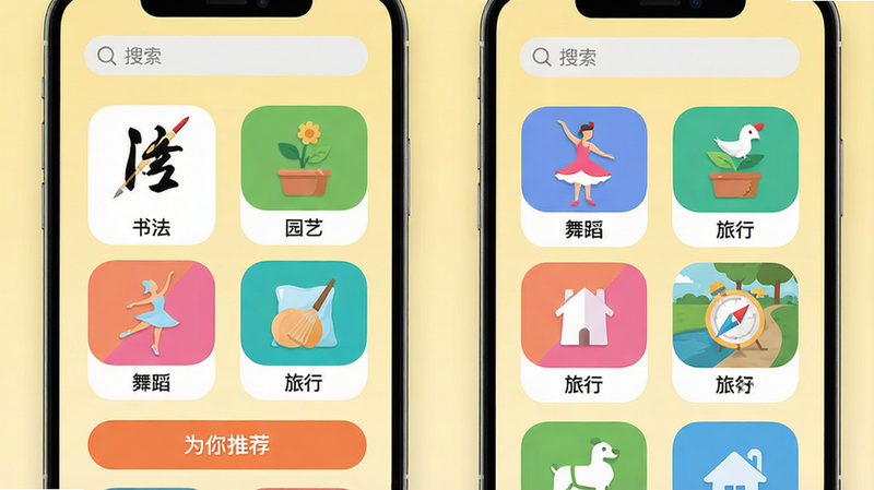 ���壺Ϧ����APP����Ȥѡ��ҳ�棬չʾ�����ɫͼ�꣨�鷨��԰�ա��赸�����еȣ����·��С�Ϊ���Ƽ�����ť�����֣�ҳ���������ͼ���������롣�Ű棺Բ�ǿ�Ƭ��ƣ�ɫ�����졣����ִ���ƽ����񣬱���Ϊǳ��ɫ��ϸ�ڣ�ÿ��ͼ���·��ж�Ӧ���ֱ�ǩ�������������������ʣ����壬�ɾ����޶���Ԫ�ء�